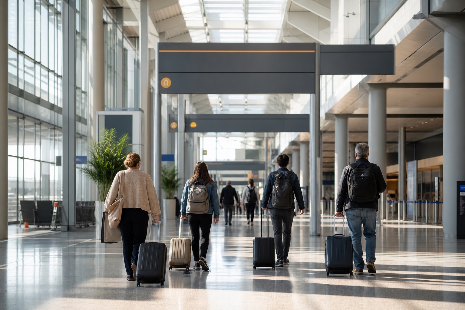 Travelers walking through a bright airport arrivals hall