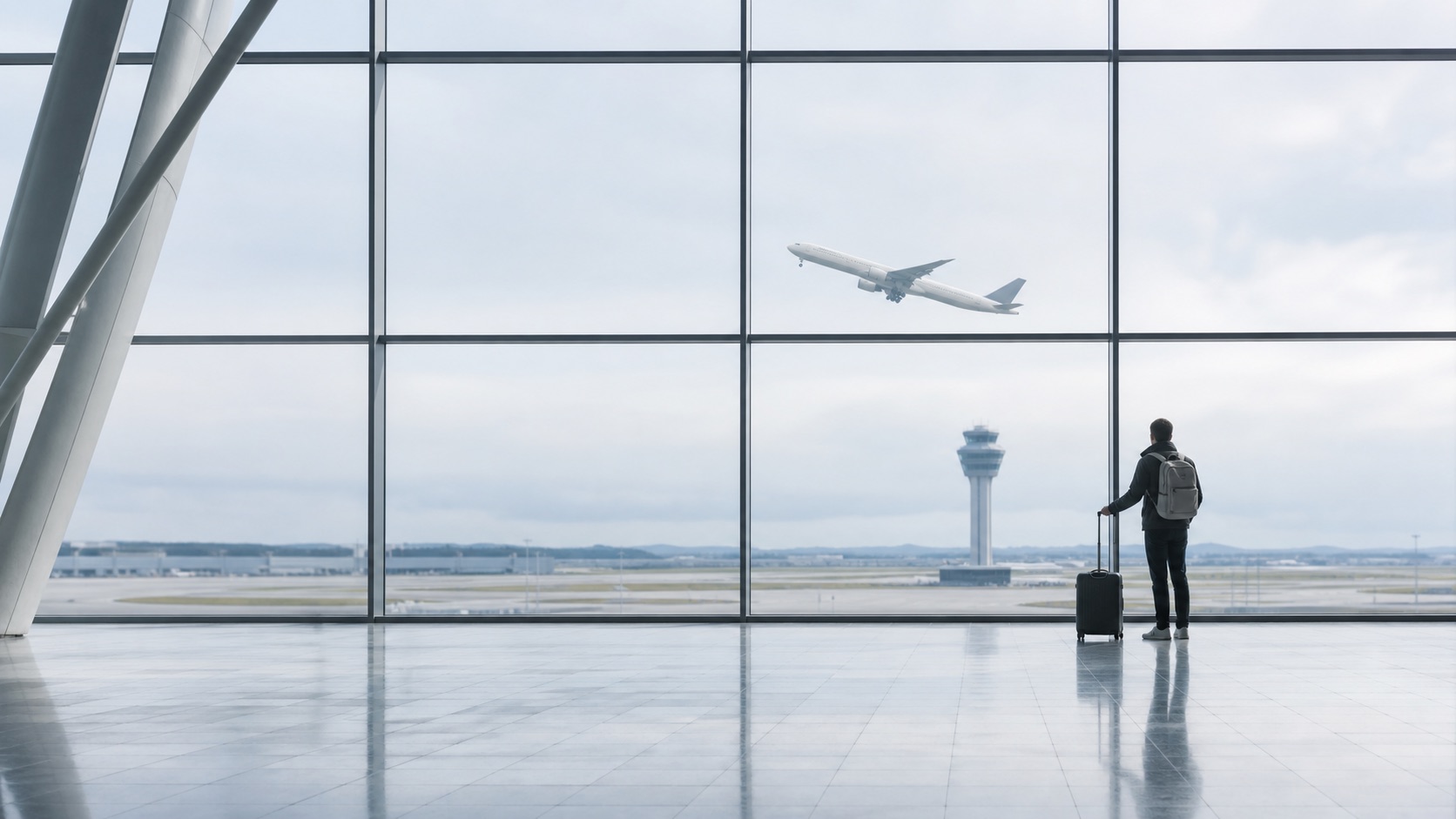 Traveler looking across an airport runway as an aircraft takes off
